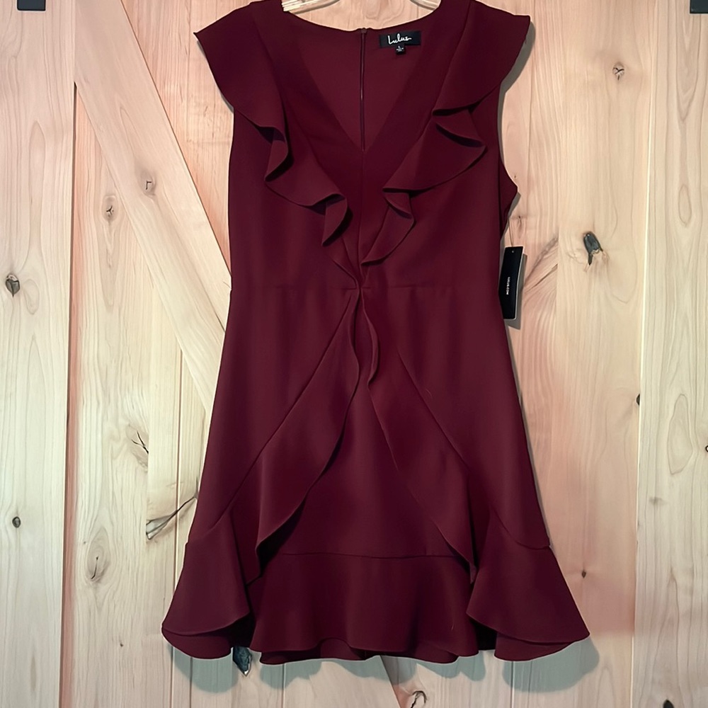 Lulus Burgundy Ruffle V Neck Dress with Zipper